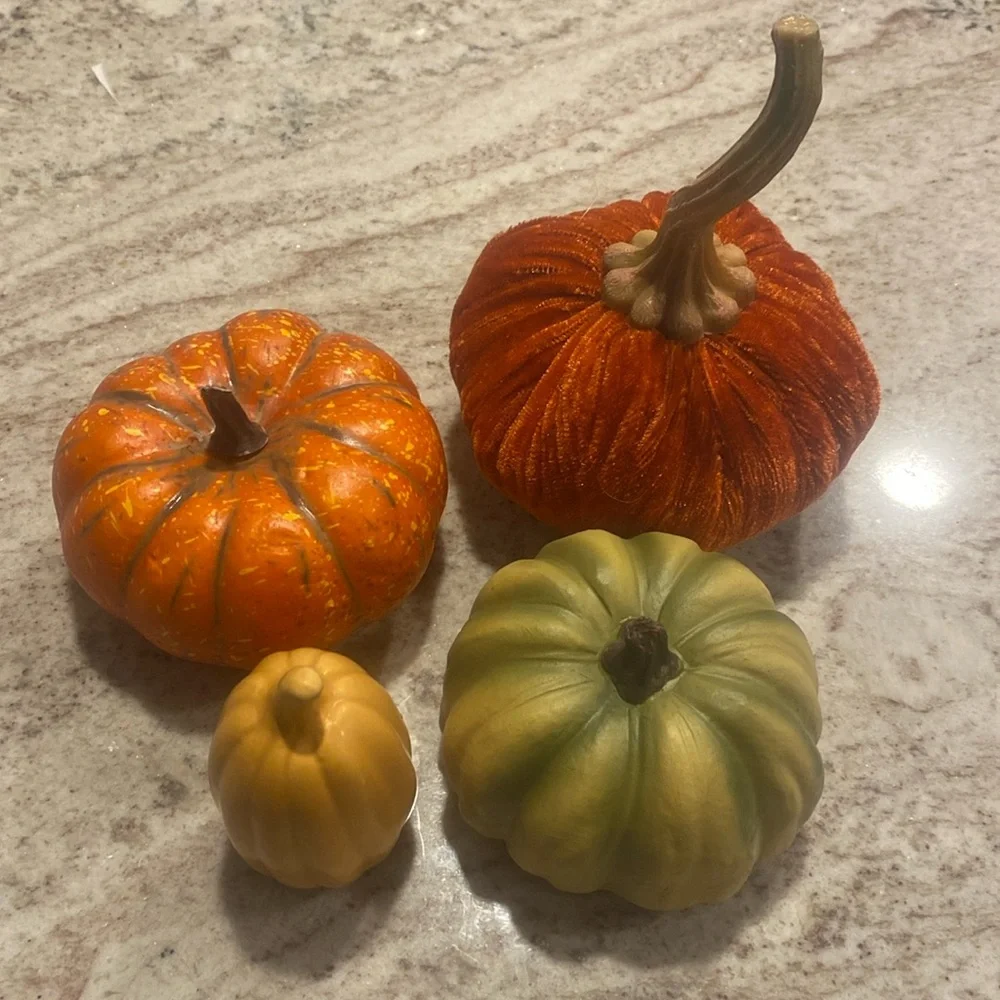 Set of 4 festive pumpkins. Great for fall decorating. Various sizes & materials.